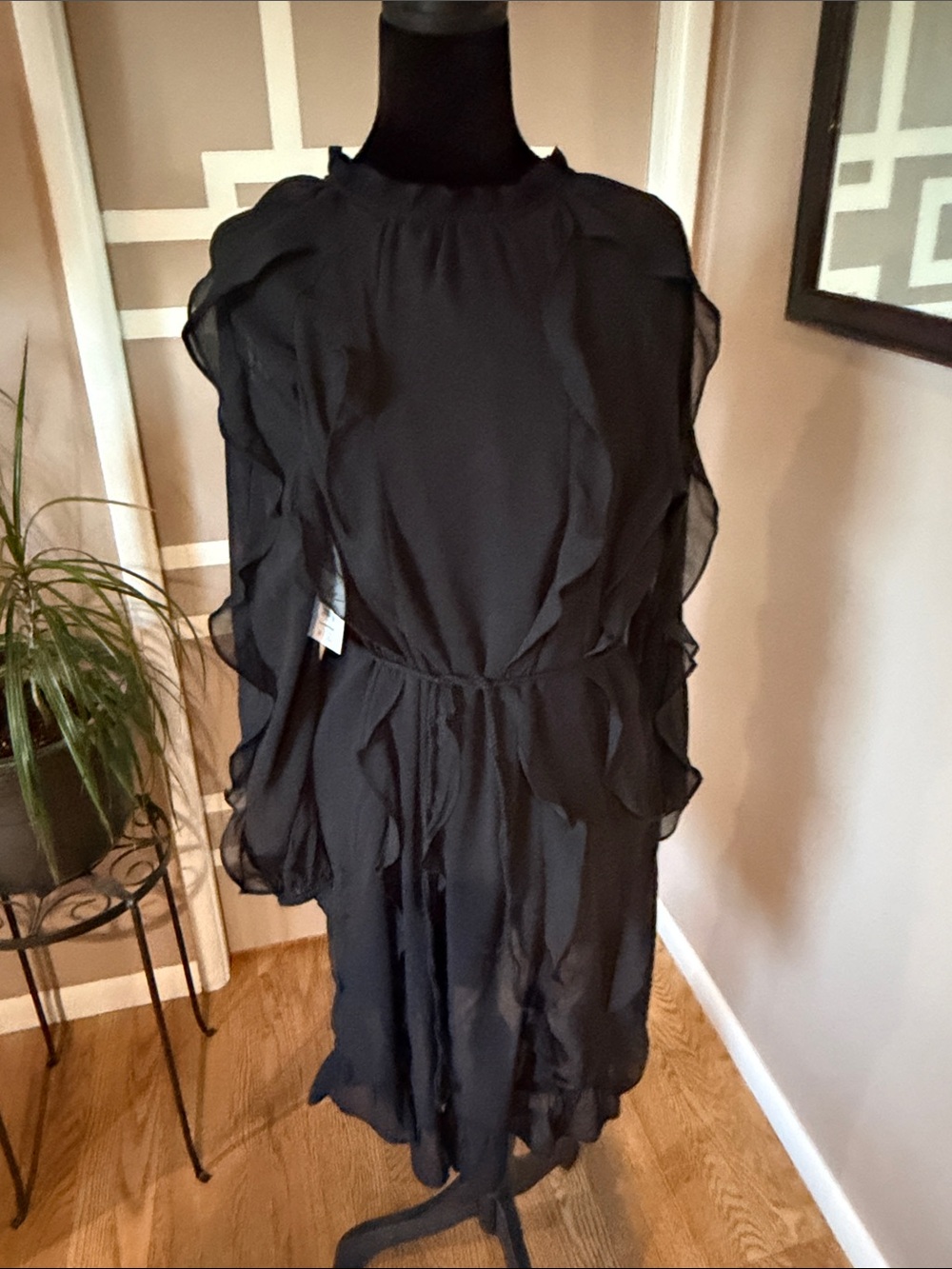 Elegant Chiffon Black Ruffle-Trim Long Sleeve Midi Dress